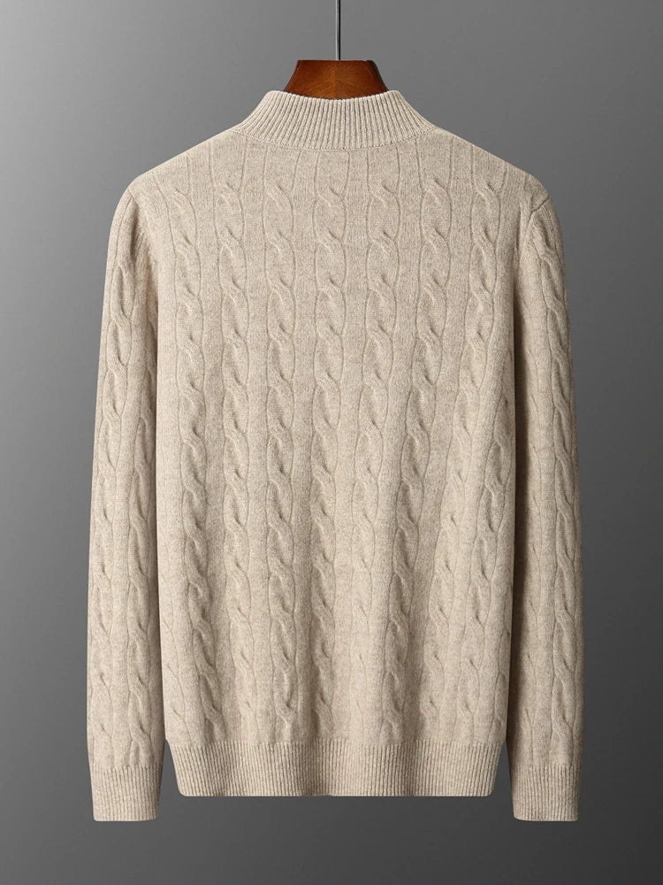 Autumn Winter Men Half Zippers 100% Merino Wool Sweater Thicken Twist Flower Pullover Retro Casual Cashmere Knitwear Solid Tops