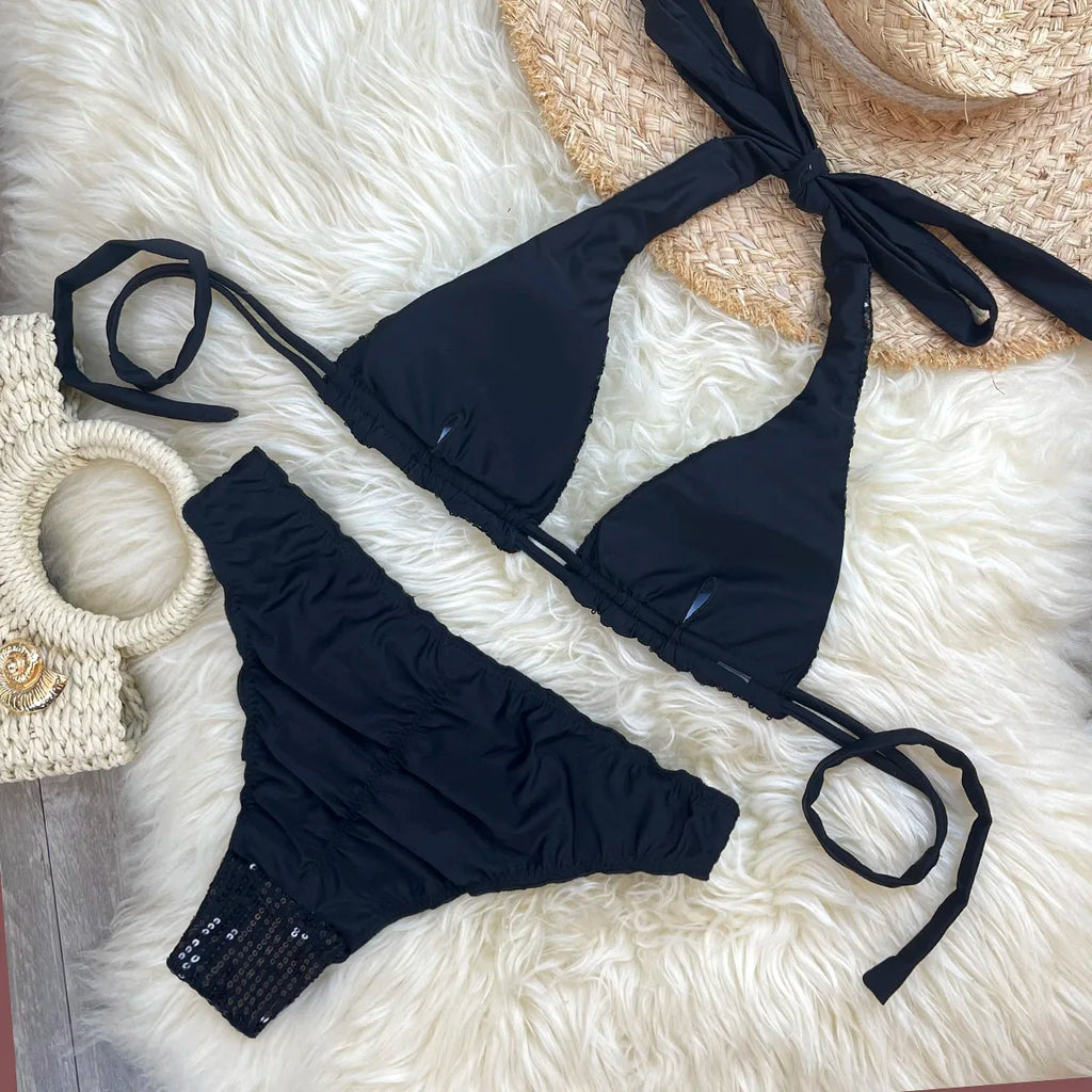 Melphieer Sequins Sparkle Bikini Set — Strappy Bandage Ruching Bum Two‑Piece Swimsuit for Beach, Pool & Holiday Outfits