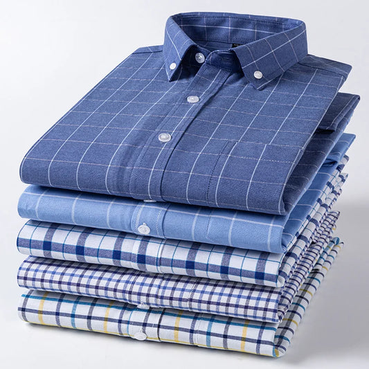 2024 Men Oxford Fashion 100% Cotton  Long Sleeve Casual Slim Solid Color Plaid Print Stripe Formal Dress Shirt Plus Size