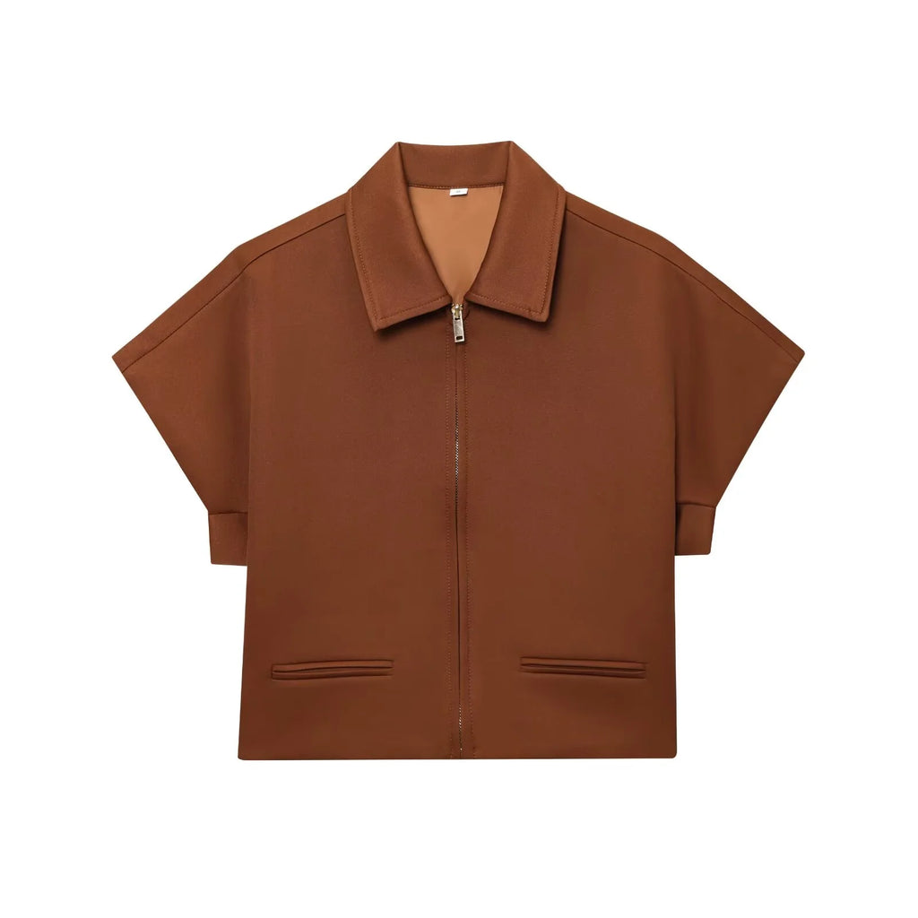 HipSeam Women Lapel Collar Short Jacket Women's Cropped Short Collared Jackets With Zipper Lady Short Sleeve Coat Female Jacket