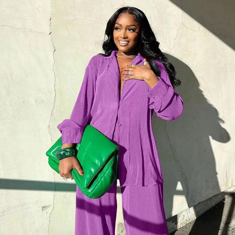 CM.YAYA Street Women's Set Long Sleeve Shirt Tops and Wide Leg Pants Elegant Tracksuit Two Piece Set Sweatsuit Fitness Outfits