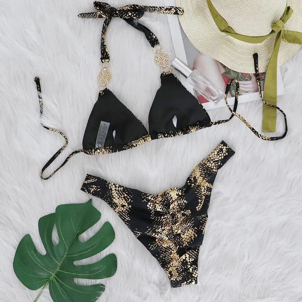 Women’s 2026 White Snake‑Skin Rhinestone Micro Bikini – Luxury Brazilian Push‑Up Thong Swimsuit