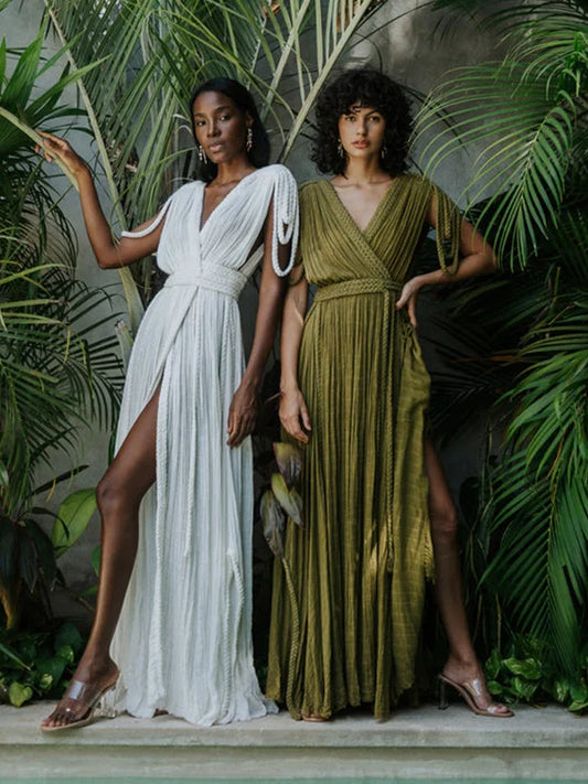 Strap Off Shoulder Hanging Neck Woven Rope Women Dress V-neck Slit Pleated Robe 2025 Summer Vacation Beach Lady Long Dresses