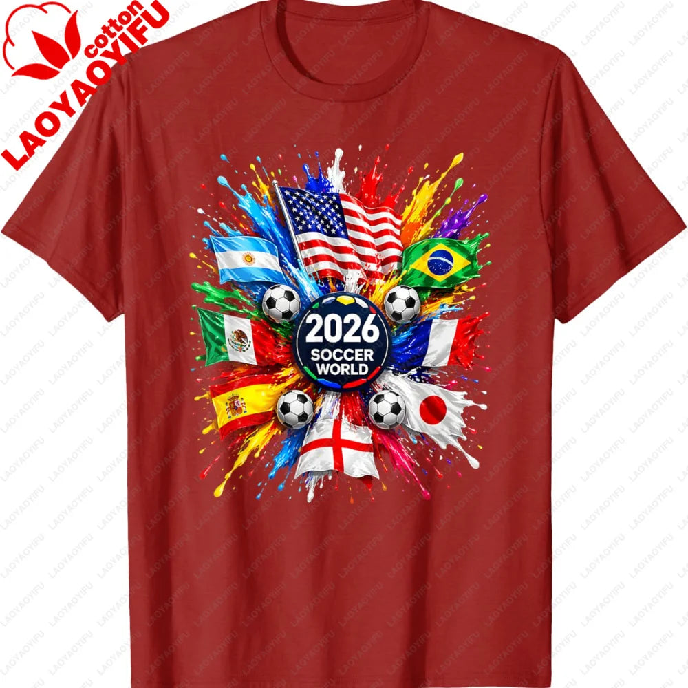 Men’s 2026 Soccer T‑Shirt — World Flag Color Splash Football Print Crew Neck Tee