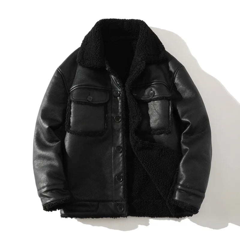 Schinteon Men Suede Leather Jacket Autumn Winter Warm Thick Casual Outwear Faux Lamb Wool Fur Solid Color Turn-down Collar Coat