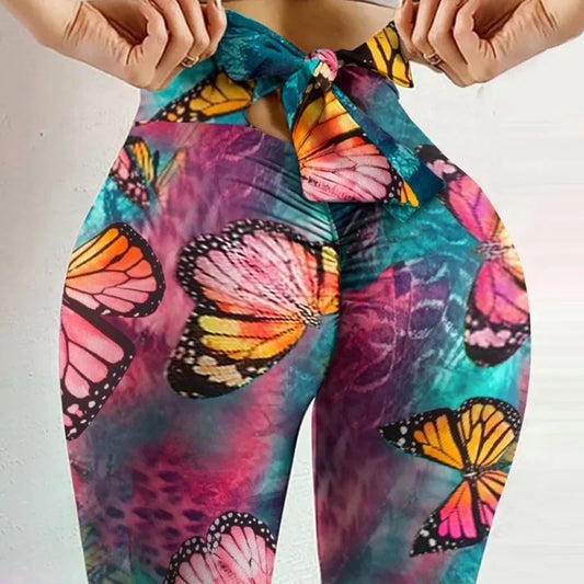 High Waist Butterfly Printed Bowknot Leggings for Women