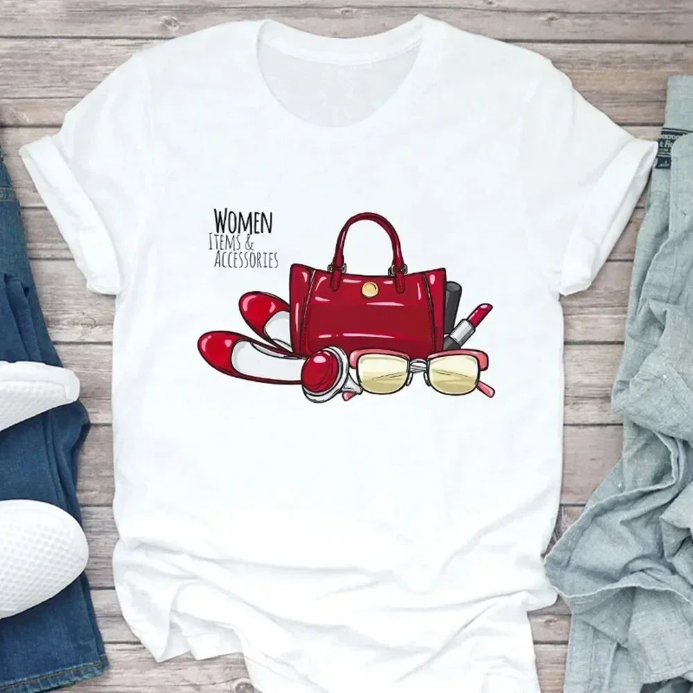 Women's T Shirt Summer Fashion Girl Bag Printed Ladies T-shirt Casual Short Sleeve Female Clothing Top Tee White Short Sleeve