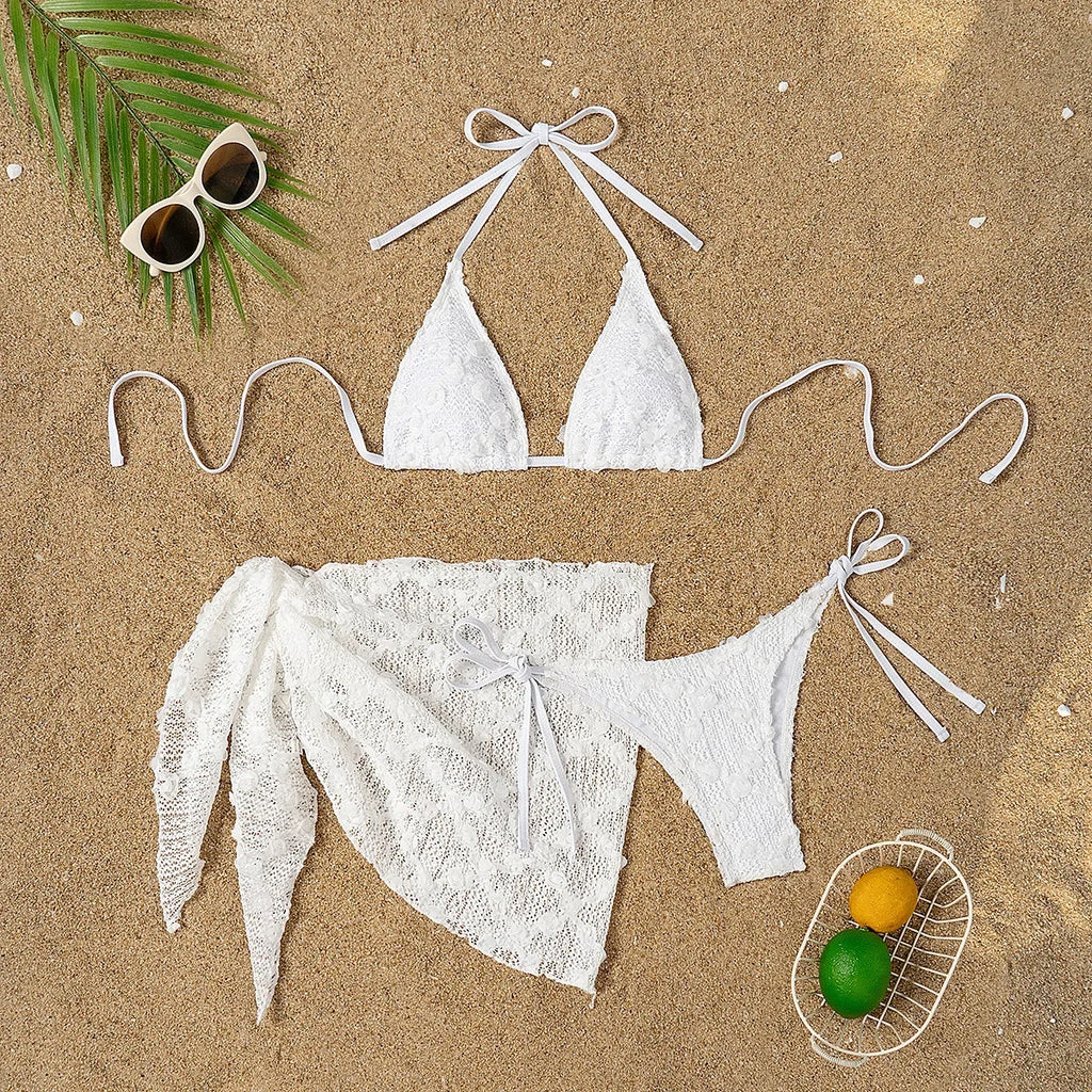 Women’s 2025 White Lace 3‑Piece Bikini – Bandage Push‑Up Thong Swimsuit with Maxi Cover‑Up Skirt