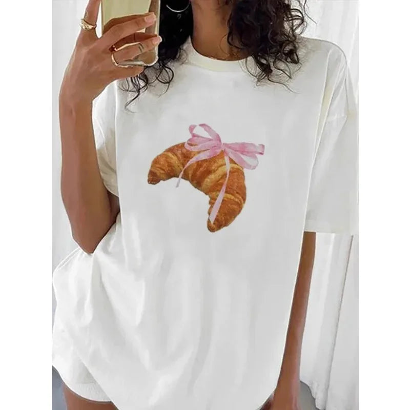 Coquette Croissant Cotton Tee with Pink Ribbon Bow Printed Women's Trendy Style Casual Women's Round Neck Clothing White Top