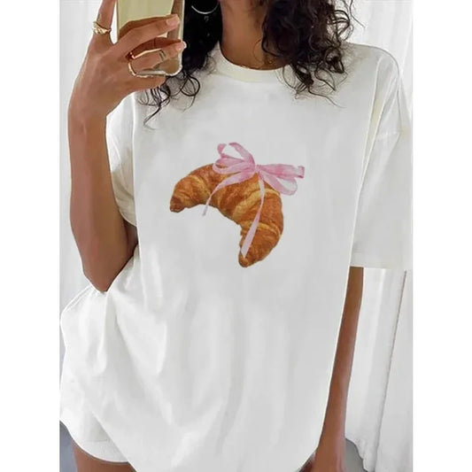 Coquette Croissant Cotton Tee with Pink Ribbon Bow Printed Women's Trendy Style Casual Women's Round Neck Clothing White Top