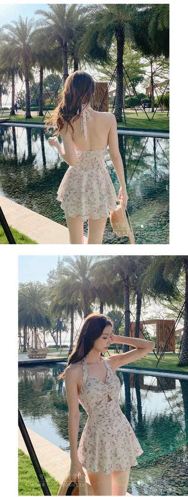 Women’s Hanging‑Neck One‑Piece Swimsuit & High‑Waist Bikini Set – Cute Beach Dress Swimwear