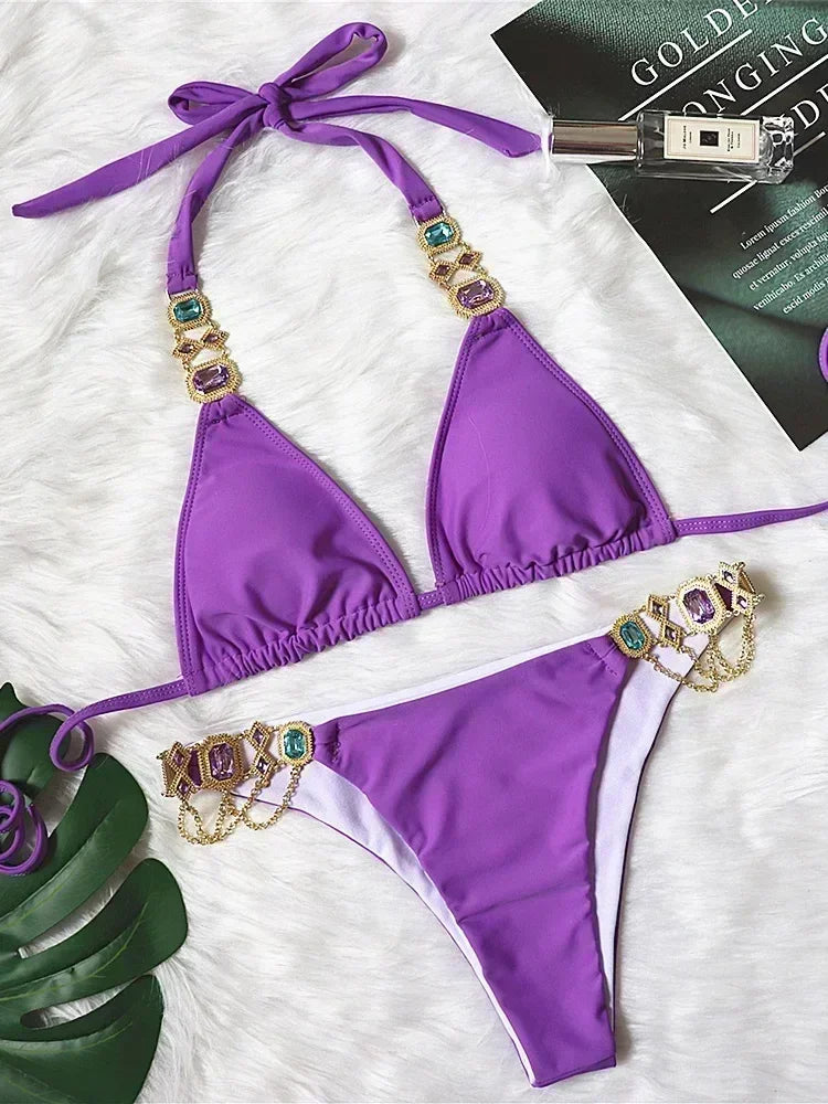 Women’s 2026 Rhinestone Diamond Bikini – Halter Chain Two‑Piece Swimsuit, Sexy Shiny Brazilian Swimwear