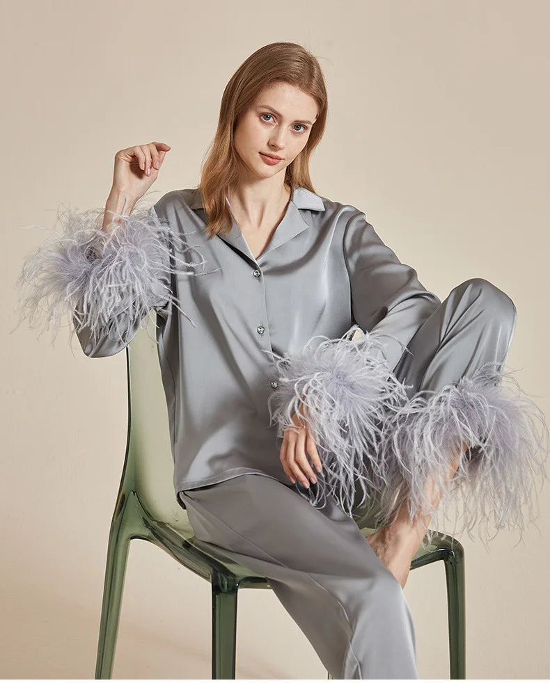 luxury feather‑trim satin pajama set