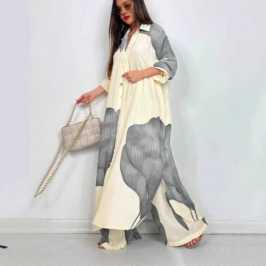 Spring Summer Elegant Lady Set Fashion Printed Long Shirt Top + Wide Leg Pants 2-piece Outfit  Casual Loose Oversized Women Sets