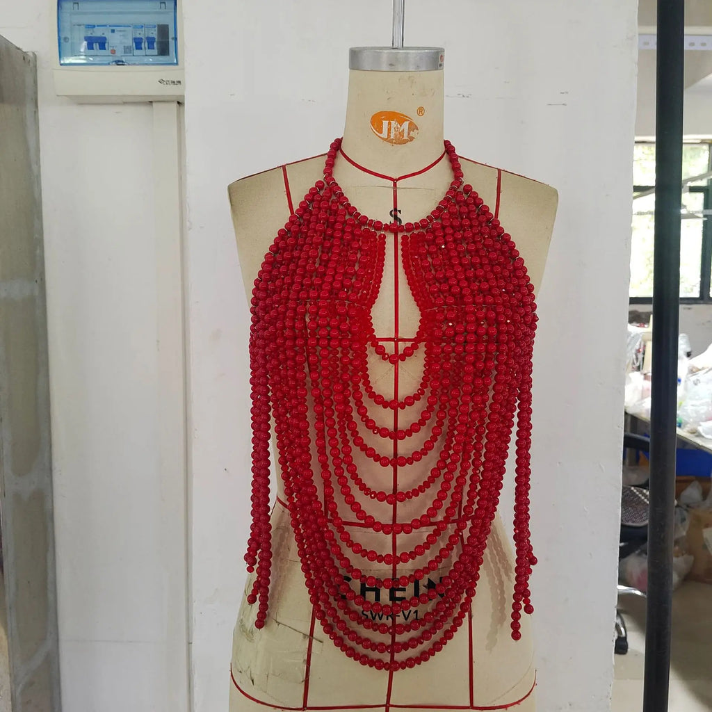 2025 Red Heavy Metal Beaded Body Chain — Y2K Cutout Sexy Nightclub Party Top for Women