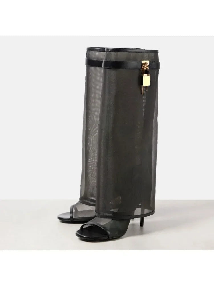 New Women's Leather Ankle Boots with Metal Buckle, Pointed Toe & Slender High Heel - Wide Shaft Short Bare Boots