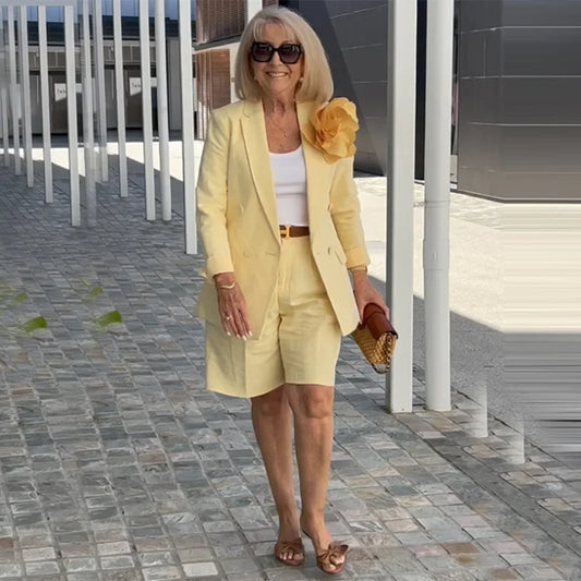 2pcs Women's Clothing Suit Collar Long Sleeve Blazer Jacket Cardigan & Shorts Pants Solid Color Office Lady Style