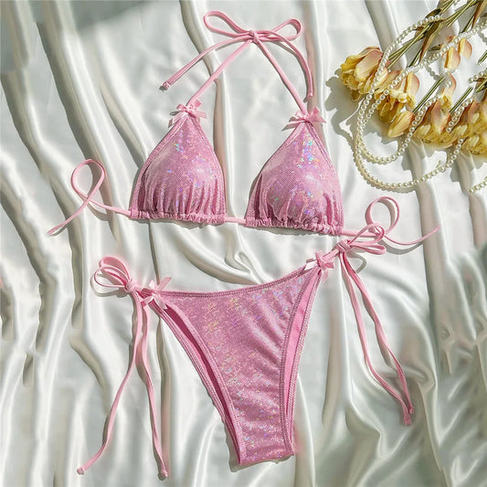 Women’s Pink Shiny String Halter Micro Bikini