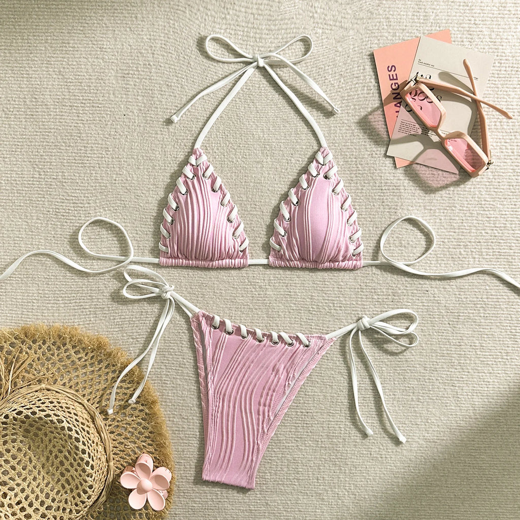 Halter Wrinkled Weave Bikini Set Women Swimwear Female Swimsuit Two Pieces Bikini Set Brazilian Bathing Suit Swim Beach Wear