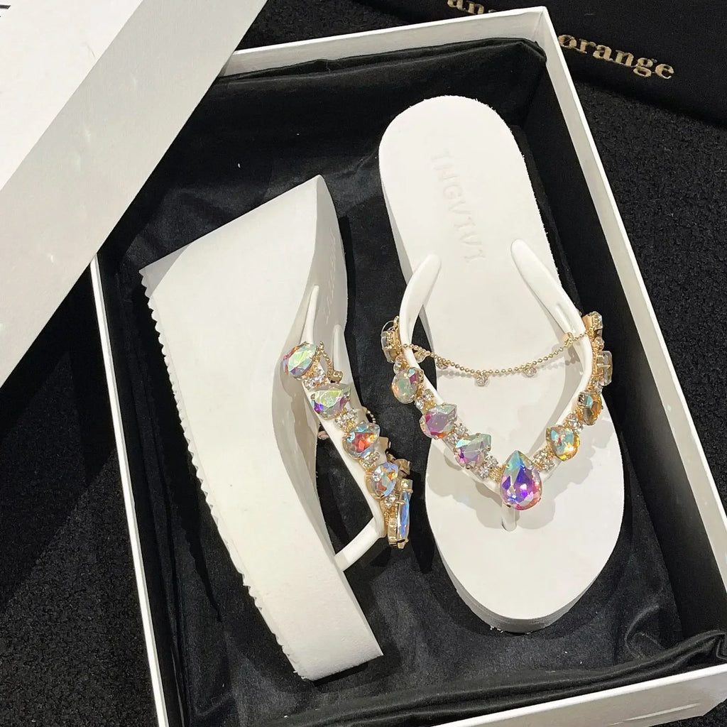 Women’s High Heeled Flip Flops — Diamond Slope Heel Slippers Elegant Beach Sandals