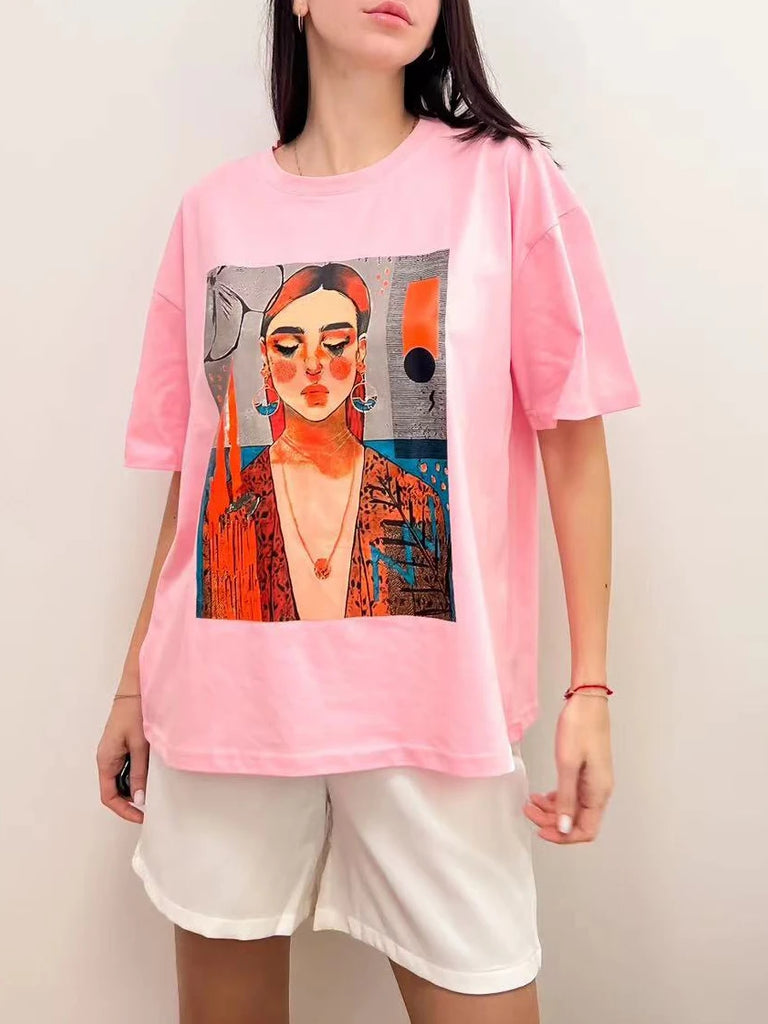 100% Cotton Women's Oversized T-shirts with Print Comics Tees Simple Short Sleeve Tops Summer Basic Soft T-shirt for Women 2023