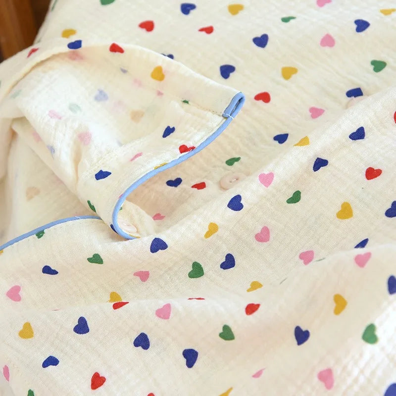 2024 Japanese Spring/Summer New Women's Pajama Set 100% Cotton Crepe Long Sleeve Colorful Hearts Thin Home Cute Pajamas Ladies