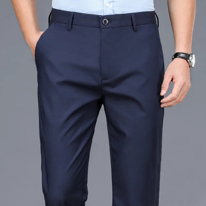 Men’s Stretch Smart Casual Pants – Solid Black Quick‑Dry Office Trousers, Korean Straight Fit for Spring & Autumn