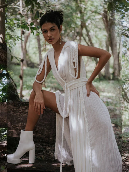 Strap Off Shoulder Hanging Neck Woven Rope Women Dress V-neck Slit Pleated Robe 2025 Summer Vacation Beach Lady Long Dresses