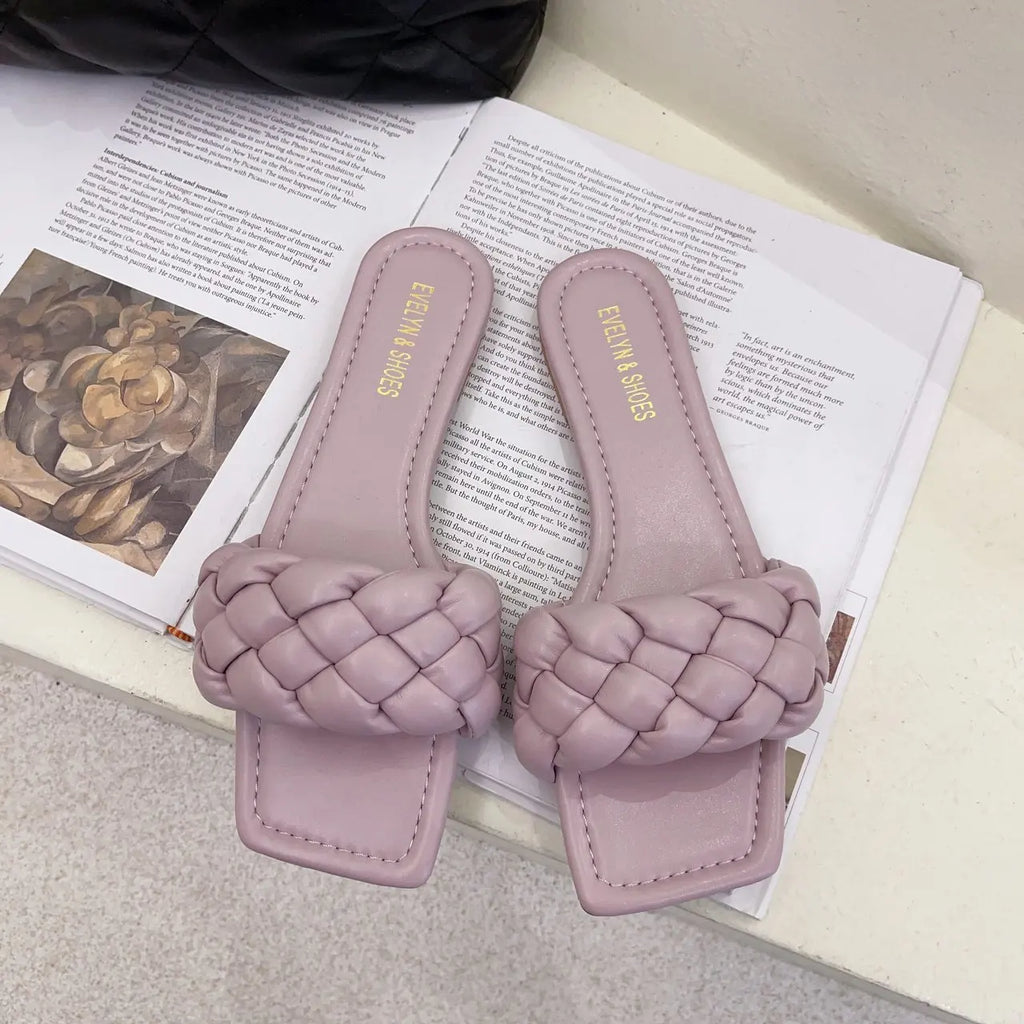 Women’s Square‑Head Woven Flat Slippers — Large‑Size Summer Beach Sandals All‑Match Casual Shoes
