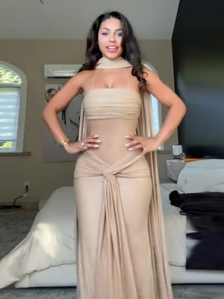 Sexy Ribbon Sparkle Strapless Draped Maxi Dress Women Sleeveless Backless Bodycon Long Dresses 2025 New Lady Club Party Robes