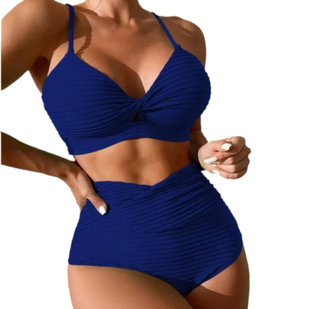 Solid‑Color High‑Waist Gathered Bikini