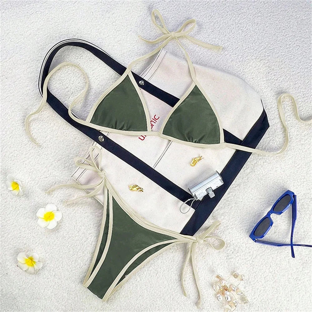 Women’s Vintage Blue Triangle Bikini – Border String Push‑Up Backless Extreme Swimsuit Beach Set