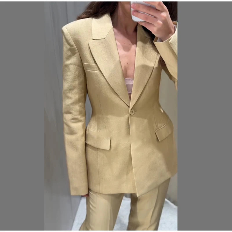 Casual Lapel Single Breasted Coats Straight Long Pants Sets Elegant Solid Suit Jackets Set for Women 2025 New Office Lady Suits