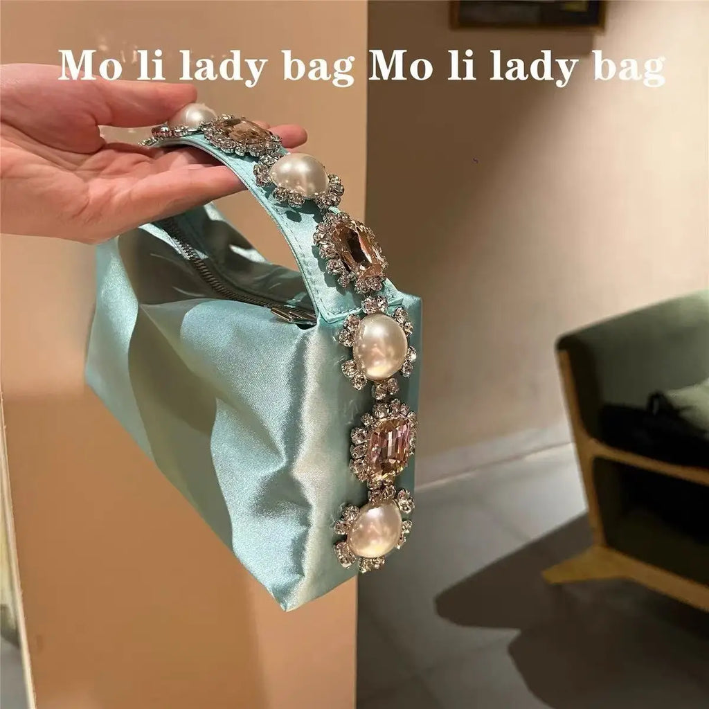 Luxury Designer Pearl Beaded Satin Hobo Bag Women Handbag Rhinestone Diamond Evening Bag Wedding Party Clutch Purse Shoulder Bag