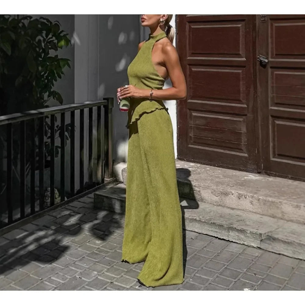 TWOTWINSTYLE Solid Two Piece Set for Women O Neck Sleeveless Top High Waist Wide Leg Pant Temperament Sets Female Fashion