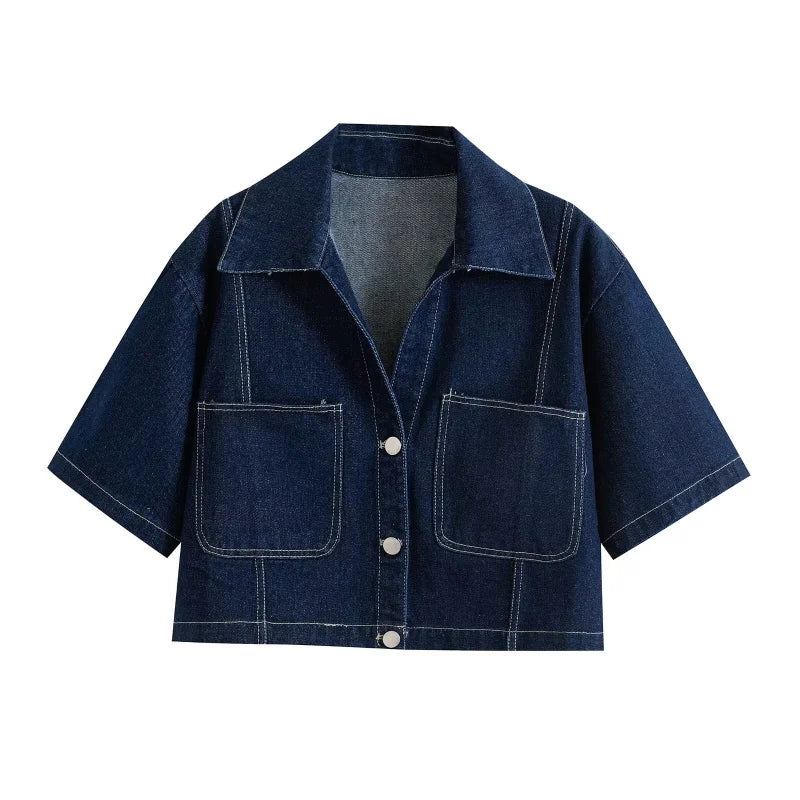 ETJ 2025 TRAF Spring New 1975 collection women's short sleeve lapel denim shirt & asymmetrical high waist denim culottes