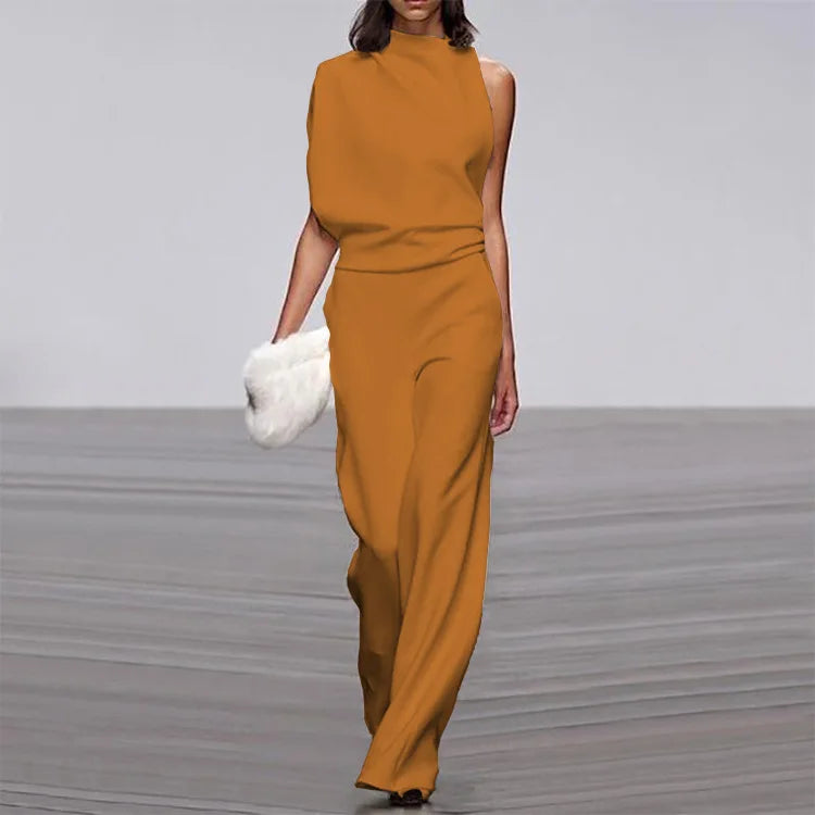 Solid Color Irregular Sleeveless Jumpsuits Women Fashion Temperament Sexy Backless Folds Slightly Flared Jumpsuit Female 2025