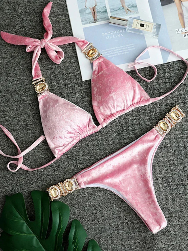 Women’s 2026 Rhinestone Diamond Bikini – Halter Chain Two‑Piece Swimsuit, Sexy Shiny Brazilian Swimwear