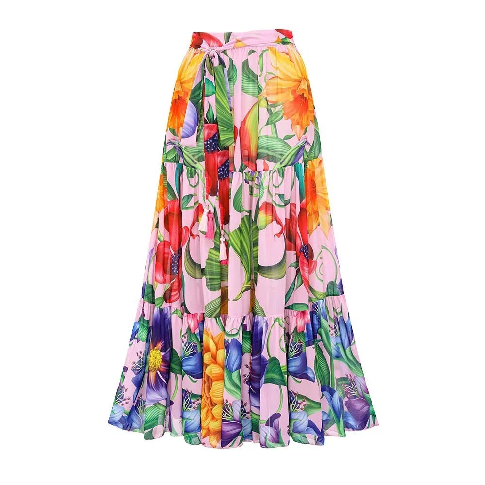 Women’s 2026 V‑Neck Long‑Sleeve Bikini Set – Printed Two‑Piece Swimsuit with Maxi Skirt Cover‑Up
