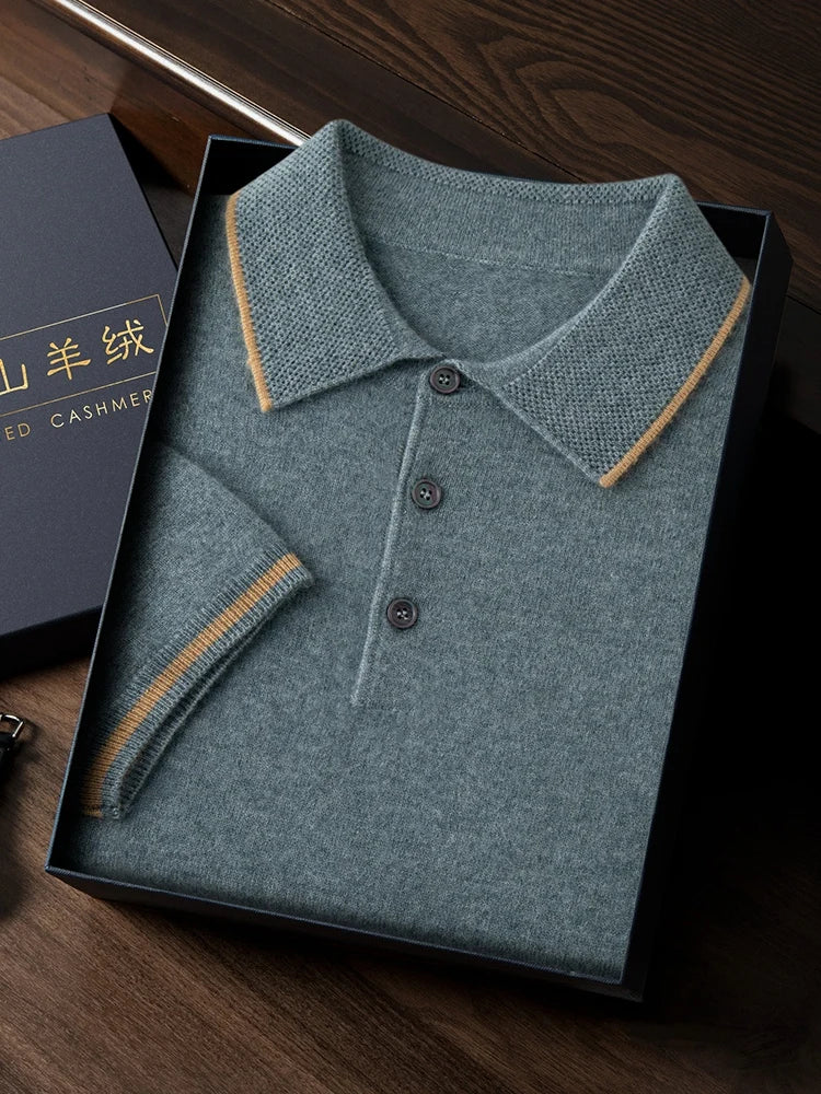 ADDONEE Men's Cashmere Summer Polo T-shirt Smart Casual Short Sleeve Pullover Sweater 100% Cashmere Knitwear Korean Fashion Tops