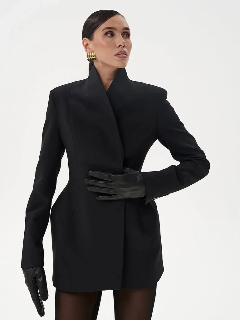 Women Waist Cinching Suit Jacket Elegant V-neck Full Sleeve Single Button Shoulder Pad Slim Coat Fashion Lady Commute Outerwear