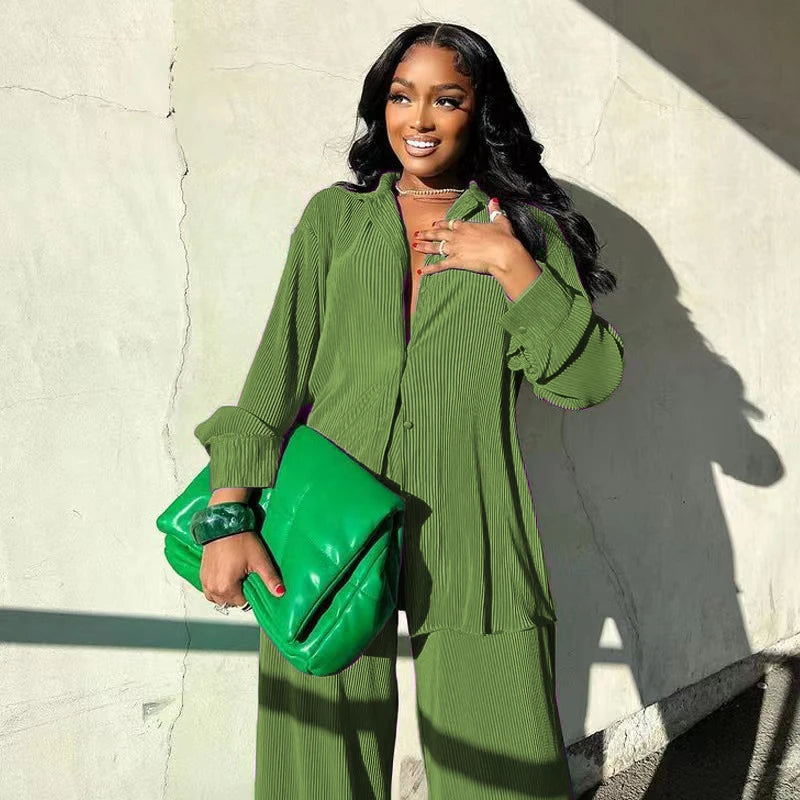 CM.YAYA Street Women's Set Long Sleeve Shirt Tops and Wide Leg Pants Elegant Tracksuit Two Piece Set Sweatsuit Fitness Outfits