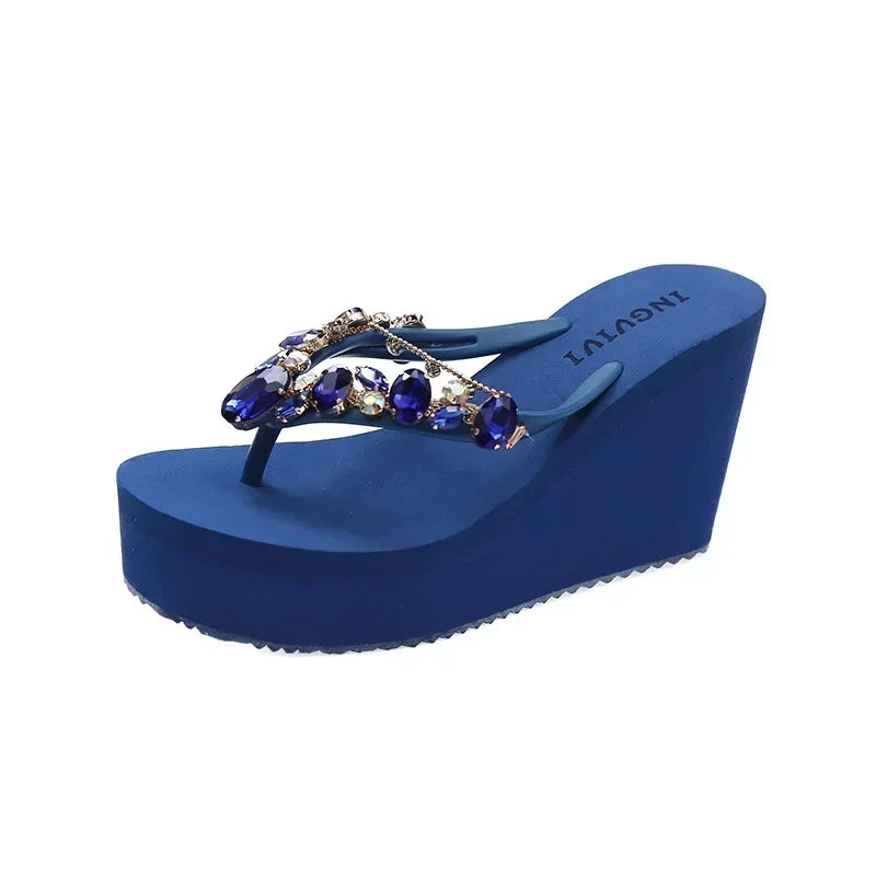Women’s High Heeled Flip Flops — Diamond Slope Heel Slippers Elegant Beach Sandals