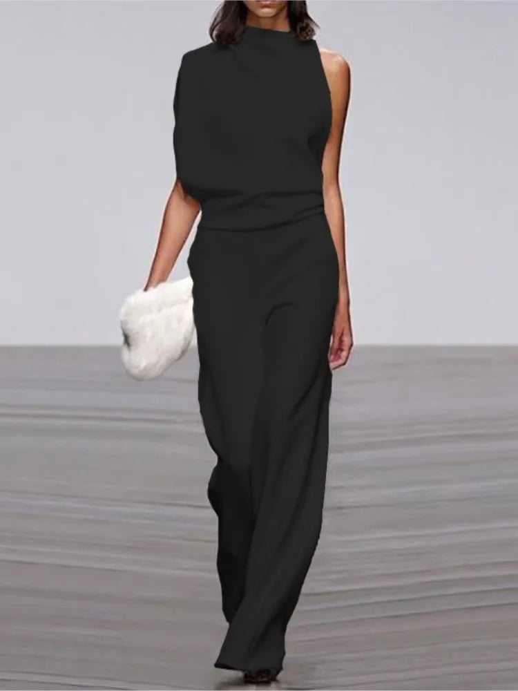 Solid Color Irregular Sleeveless Jumpsuits Women Fashion Temperament Sexy Backless Folds Slightly Flared Jumpsuit Female 2025