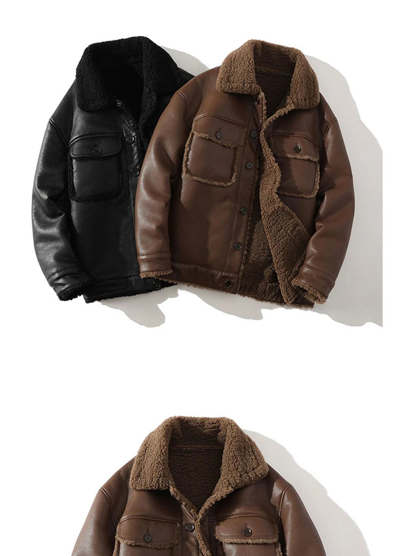 Schinteon Men Suede Leather Jacket Autumn Winter Warm Thick Casual Outwear Faux Lamb Wool Fur Solid Color Turn-down Collar Coat