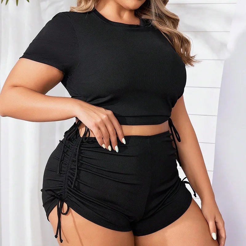 Women’s Plus‑Size Blouson Bikini Set – Solid Drawstring Top & High‑Waist Shorts Swimsuit 2026