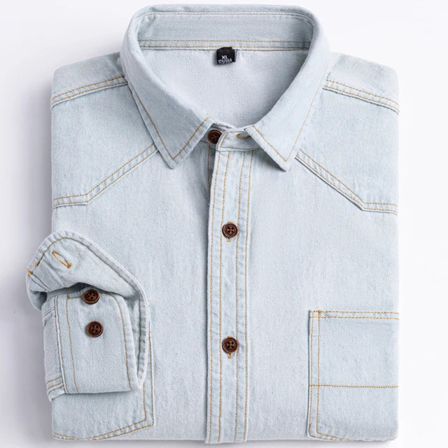 Man 100% Cotton Western Denim Pocket Shirt Long Sleeve Standard-fit Comfort Durability Soft Casual Washed Durability Work Shirts