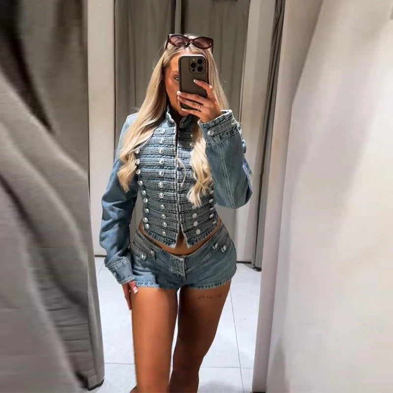 Chic Stand‑Collar Denim Coat & Shorts Suit