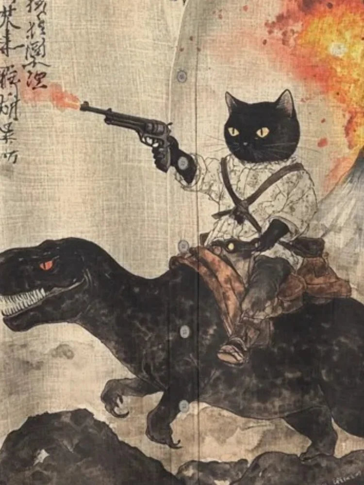 Men's Retro Cat Shirt Funny Calligraphy Dinosaur Volcanic Eruption Print Short Sleeve Holiday Outwear Vintage Japanese Clothing