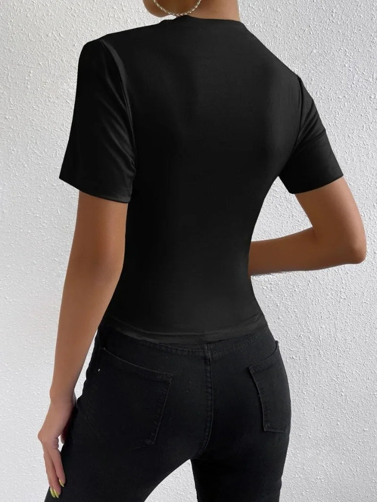 Solid High Neck Slim Fit T-shirt, Elegant Short Sleeve Ruched Top For Spring & Summer, Women's Clothing